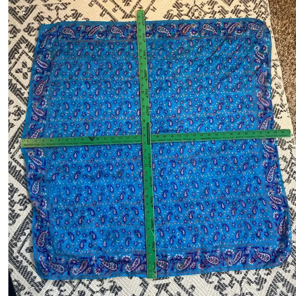 Blue Elegant Paisley Floral Silk Square Scarf 34x34 Made in India